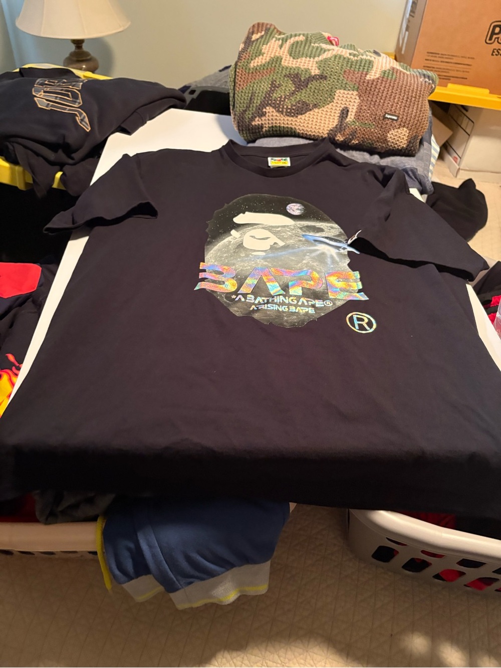 Bape Black Tee with Multicolor Holographic Ape Logo